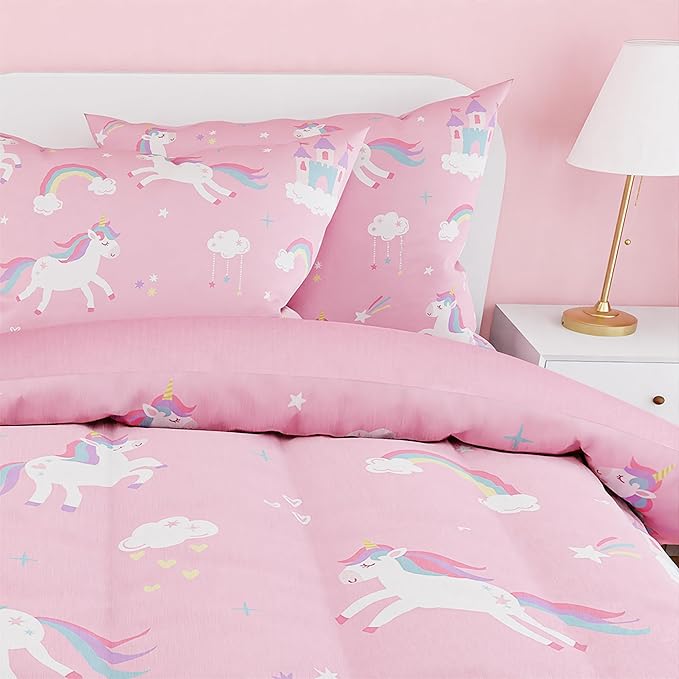 SANDJEST Unicorn Comforter Set Twin Size 68x86in for Kids Girls, Microfiber 3 Pcs Bedding Set Includes 1 Comforter, 1 Pillowcase, 1 Fitted Sheet, Nursery Room Decor