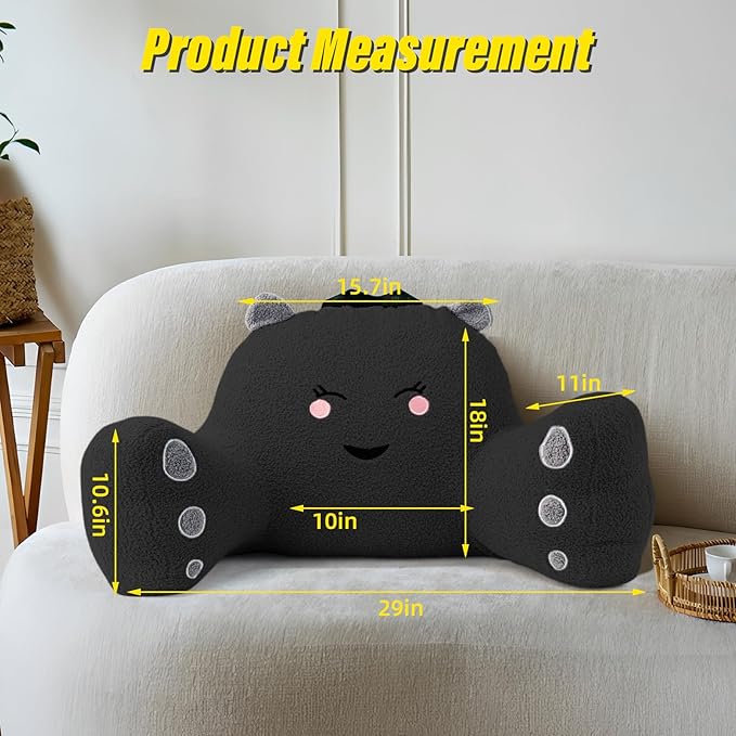 Reading Pillow for Sitting in Bed Couch Teens/Adult, Back Rest Pillow for Sitting Up in Bed with Shredded Memory Foam, Includes Arms and Washable Cover (Black)