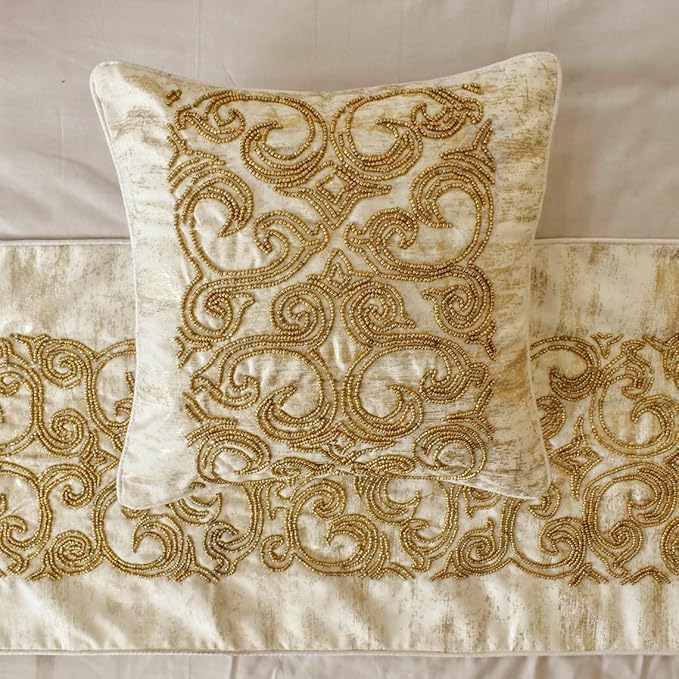 The HomeCentric King/Queen/Twin Gold Designer CA King 86"x18" Bed Runner Without Pillow Cover, Foil & Hand Beaded Embroidery Bed Scarf on Jacquard Fabric - Ornamento Oro