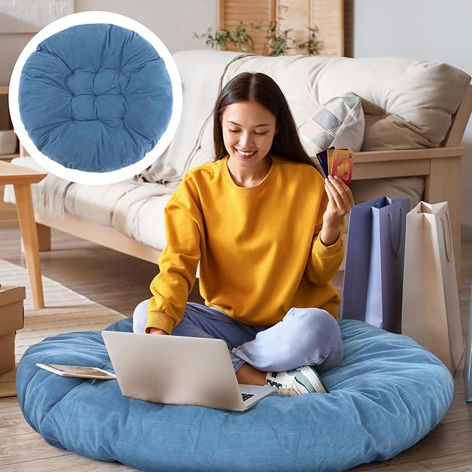 Large Floor Cushion Seating Round Floor Pillows Cushions for Adults Oversized Playroom Pillows Reading Nook Big Pillow for Sitting Meditation Yoga Living Room Sofa Balcony (Lake Blue)