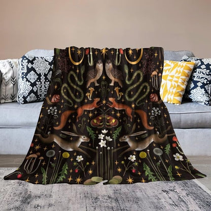 Rustic Forest Throw Blanket, Fairy Tale Forest Land Wild Animals Moths Flowers Moon Star Soft Flannal Blanket for Adult Kids Bed Couch Sofa, 60"x80"