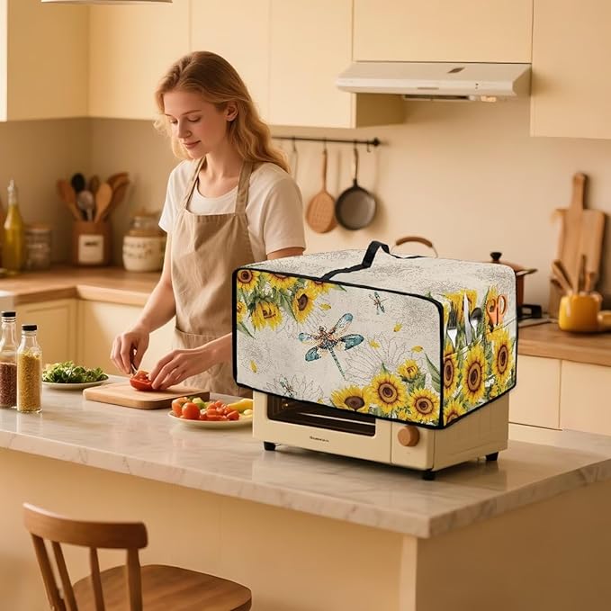Dragonfly Sunflower Print Microwave Oven Cover Dust-Proof Microwave Toaster Oven Cover with Storage Bags Universal Washable Decor Accessories for Kitchen, S