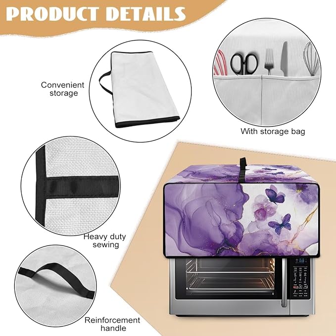 Countertop Microwave Oven Cover with Side Pockets, Dust Protection Small Appliance Toaster Ovens Dust Cover, L, 18.5 x 22.5 x 13 Inches, Violet White Marble Butterfly