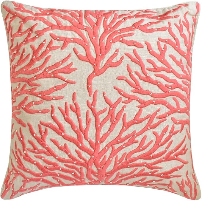 The HomeCentric King/Queen/Twin Coral, Peach & Pink Designer Twin 53"x18" Bed Runner with Pillow Cover, Coral, Pearl Embroidery, Under The Sea & Beach Theme On Linen Fabric - Coraline Pearls