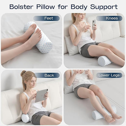 Neck Roll Pillow for Neck Pain Relief - Memory Foam Neck Support Pillow for Bed | Round Neck Pillow for Sleeping, 15.7 * 6 * 6 inch (Cool-Blue)