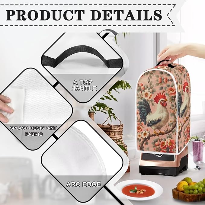 Rooster Flower Print Blender Dust Cover Stand Mixer or Coffee Maker Appliance Covers Anti Fingerprint Polyester Dust Proof Stain Resistant Blender Cover for Home Kitchen