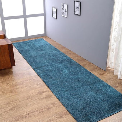 Rugsotic Carpets Hand Knotted Gabbeh Wool 2'6''x10' Runner Rug Solid Blue L00111