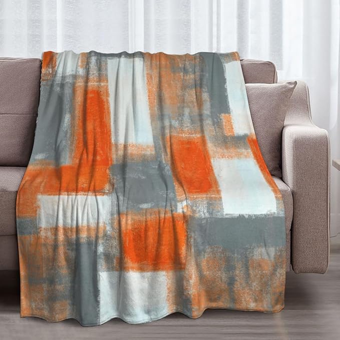 LOKMU Throw Blanket, Orange and Grey White Abstract Art Ultra-Soft Cozy Flannel Blankets, Fuzzy Plush Lightweight Modern Blanket for Couch Sofa Bedding Home Decor, 60" L x 50" W