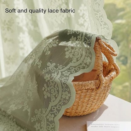 Anmao Vintage Lace Curtains 72 Inches Long 2 Panels Set, Romantic Elegant Light Filtering Semi Sheer Floral Thick Lacy Curtain Drapes for Living Room and Bedroom, Each Panel 55W x 72L, Dry Grass Green
