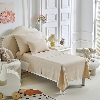 Toddler Bedding Set - 5 Piece Soft and Breathable Toddler Bed Set for Boys and Girls, Includes Quilted Comforter, Fitted Sheet, Flat Top Sheet, Standard Pillowcase and Toddler Pillowcase, Cream Beige