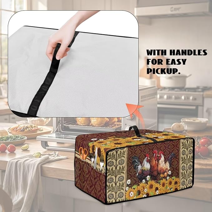 Microwave Oven Cover Waterproof Heavy Duty Microwave Oven Dust Cover with Storage Pockets Reusable Decor Accessories for Kitchen, Vintage Rooster Chicken Sunflower Daisy Floral Print, M