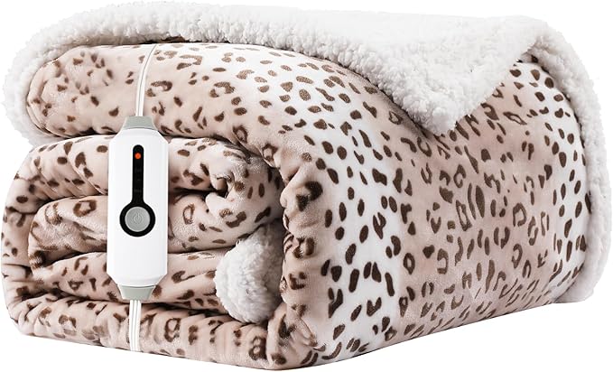 Electric Heated Blanket 72"x84" Full Size Microplush & Sherpa Fabric Heated Blanket, Fast Heating, 4 Heat Settings & 10 Hours Auto Off, Machine Washable - Beige Leopard Print