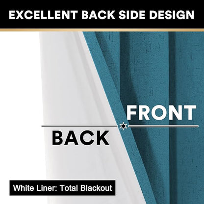 PrinceDeco 100% Blackout Linen Textured Curtains for Living Room Black Out Curtains 96 Inch Long 2 Panels Set Grommet Room Darkening Curtains & Drapes Boho Home Decor for Bedroom, Blue Sapphire