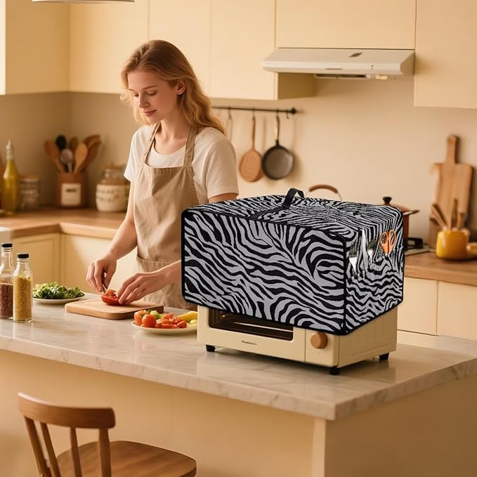 Grey Zebra Print Microwave Oven Dust Cover Dust-Proof Waterproof Microwave Toaster Oven Cover Easy to Clean Kitchen Machine Covers Case Protections Protector, L