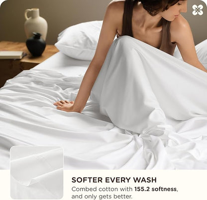 Bedsure Bamboo Rayon Cotton Sheets, Queen Sheet Set, Cooling, GentleSoft, Breathable, Deep Pocket Up to 18 Inches, Hotel Luxury Bedding for Hot Sleepers, White