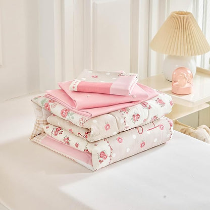 Joyreap 4 Piece Cotton Toddler Bedding Set- Pink Flower Plaids Patchwork Design, Toddler Comforter Set for Girls, Includes Quilted Comforter, Fitted Sheet, Top Sheet, and Pillow Case