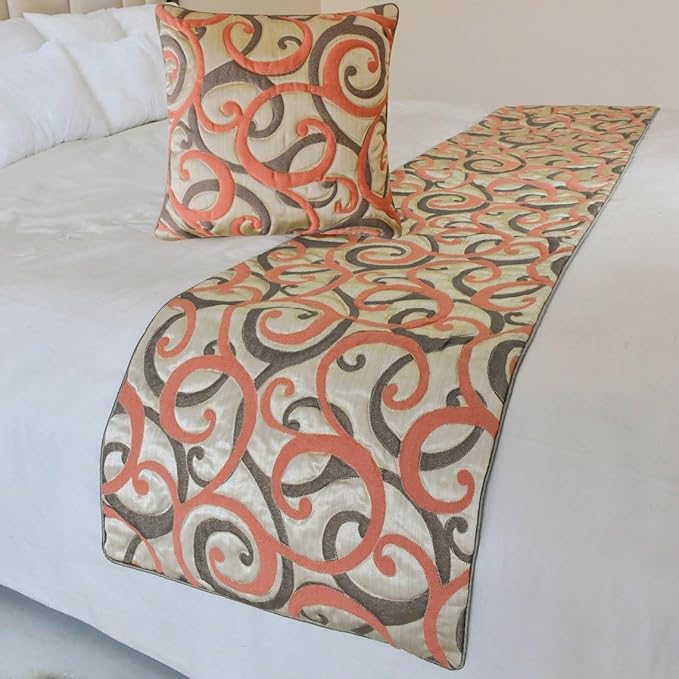The HomeCentric King/Queen/Twin Orange Designer CA King 86"x18" Bed Runner with Two Pillow Cover, Scroll, Jacquard & Quilted Bed Scarf on Jacquard Fabric - Scroll Cascade