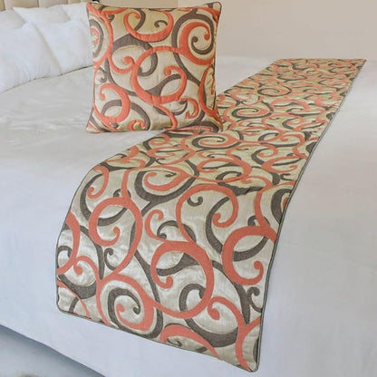 The HomeCentric King/Queen/Twin Orange Designer King 90"x18" Bed Runner with One Pillow Cover, Scroll, Jacquard & Quilted Bed Scarf on Jacquard Fabric - Scroll Cascade