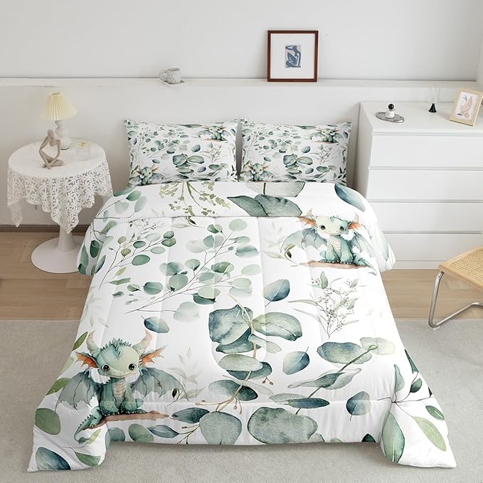 Erosebridal Boys Magic Animal Toddler Bedding Sets Cute Dragon Comforter Set, Cartoon Wildlife Bedding Comforter Sets Green Leaf Duvet Insert, Spring Plant Down Comforter Child Kids Bedroom Decor