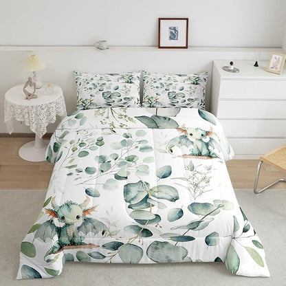 Erosebridal Boys Magic Animal Twin Bedding Sets Cute Dragon Comforter Set, Cartoon Wildlife Bedding Comforter Sets Green Leaf Duvet Insert, Spring Garden Plant Down Comforter Child Kids Bedroom Decor