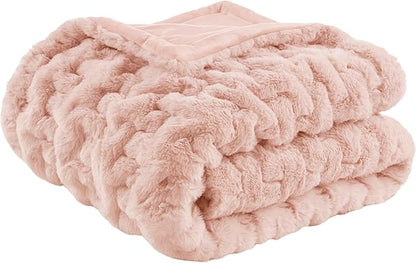 Madison Park Ruched Luxury Throw Premium Soft Cozy Brushed Long Faux Fur For Bed, Couch or Sofa, 50"x60", Blush