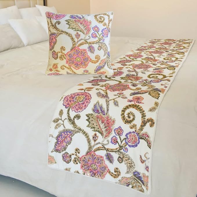 The HomeCentric King/Queen/Twin White & Pink Designer King 90"x18" Bed Runner with Pillow Cover, Floral, Printed, Sequins, Beaded, Embroidery & Handmade Bed Scarf on Cotton Fabric - Aster