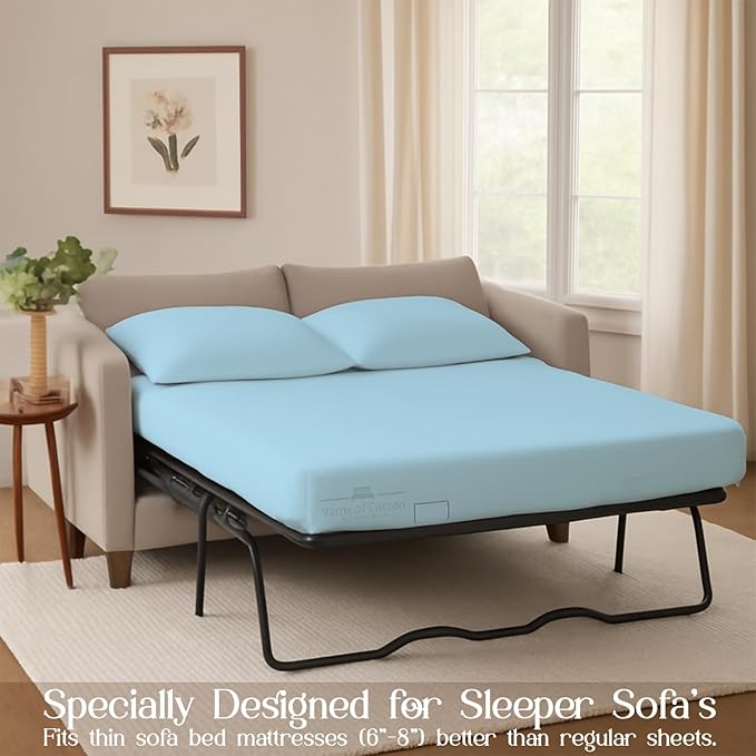 Sleeper Sofa 4 Piece Bed Sheet Set Premium Quality 100% Cotton 500 Thread Count, Smooth & Super Soft Sateen Weave, Extra Soft Bed Sheets, Wrinkle Free, 8 Inch Deep Pocket (Queen, Light Blue)