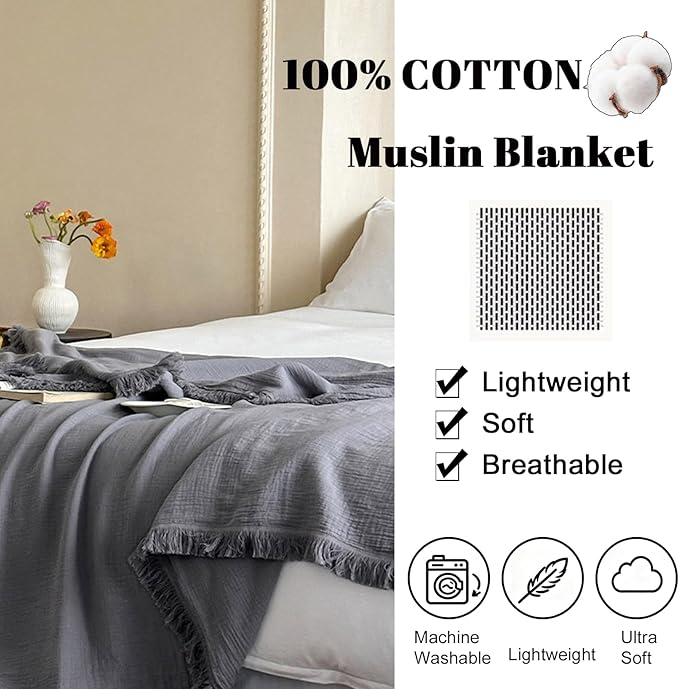 MorroMorn 100% Cotton Muslin Blanket with Fringes Twin Size 60"x80", 4-Layer Gauze Blankets for Adults, Boho Bedding Breathable Lightweight Ultra-Soft for Couch Bed All Seasons, Grey