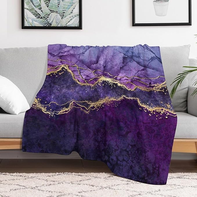 Modern Marble Blanket, Abstract Luxury Baroque Art Golden Purple Stone Veins Pattern Soft Warm Cozy Plush Flannel Covers for Livingroom Bedroom Couch Chair Camping Travel Home Decor Tapestry 40x50in