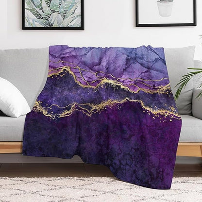 Modern Marble Blanket, Abstract Luxury Baroque Art Golden Purple Stone Veins Pattern Soft Warm Cozy Plush Flannel Covers for Livingroom Bedroom Couch Chair Camping Travel Home Decor Tapestry 40x50in