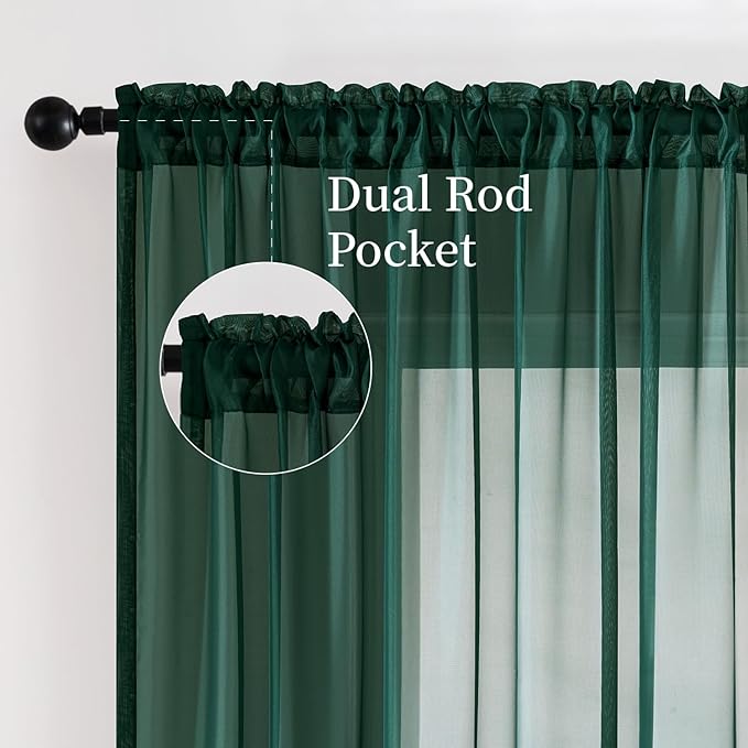 MIULEE 2 Panels Christmas Solid Color Sheer Window Curtains Elegant Window Voile Panels/Drapes/Treatment for Bedroom Living Room (54X63 Inches Hunter Green)