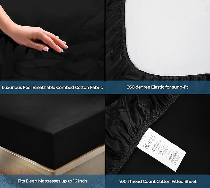 ROYALE LINENS 400 Thread Count 100% American Grown Cotton Fitted Sheet Twin Size - All Around Elastic Fitted Sheet - Luxury Sateen Weave - Snug Fit Bottom Sheet Fit Up to 16 Inch (Twin, Night Black)