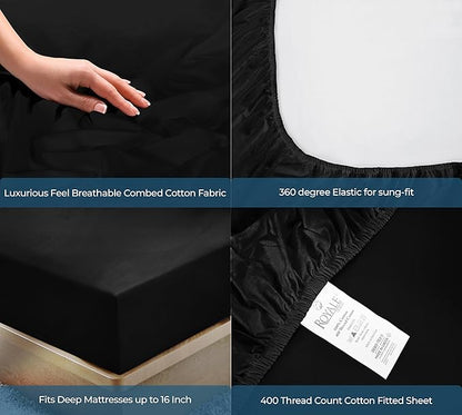 ROYALE LINENS 400 Thread Count 100% American Grown Cotton Fitted Sheet Twin Size - All Around Elastic Fitted Sheet - Luxury Sateen Weave - Snug Fit Bottom Sheet Fit Up to 16 Inch (Twin, Night Black)