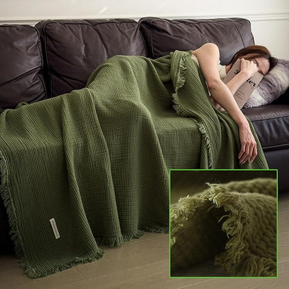 MorroMorn 100% Cotton Muslin Blanket with Fringes Twin Size 60"x80", 4-Layer Gauze Blankets for Adults, Boho Bedding Breathable Lightweight Ultra-Soft for Couch Bed All Seasons, Olive Green