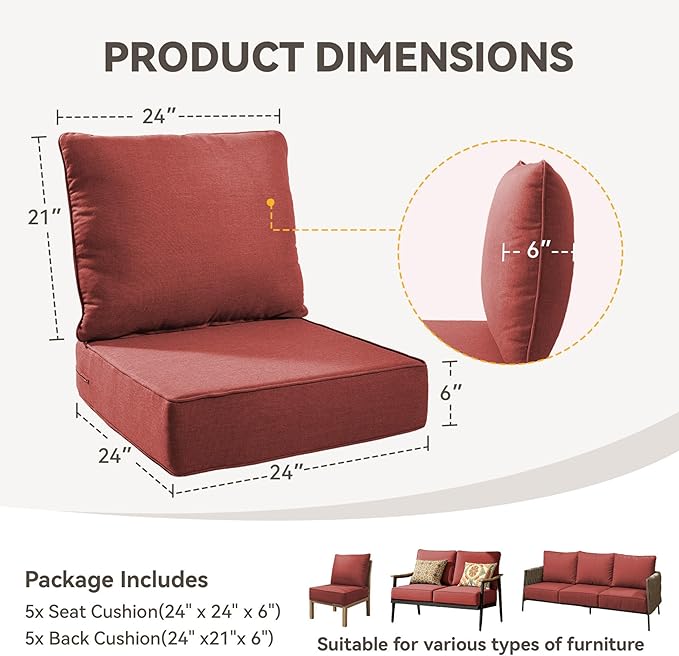 Outdoor Cushion Set for Furniture Patio Furniture, UV Resistant, Water Resistant - 6 Inch Thick Foam Garden Cushions– 24x24 Inch Patio Seat Covers for Chair/Sofa/Couch | Red | 5-Pack |