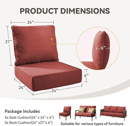 Outdoor Cushion Set for Furniture Patio Furniture, UV Resistant, Water Resistant - 6 Inch Thick Foam Garden Cushions– 24x24 Inch Patio Seat Covers for Chair/Sofa/Couch | Red | 5-Pack |