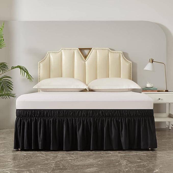 MEILA Wrap Around Bed Skirt Three Fabric Sides Elastic Dust Ruffled 16 Inch Tailored Drop,Easy to Install Fade Resistant-Black, Queen/King