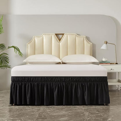 MEILA Wrap Around Bed Skirt Three Fabric Sides Elastic Dust Ruffled 16 Inch Tailored Drop,Easy to Install Fade Resistant-Black, Queen/King