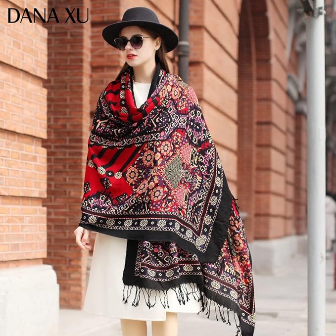 DANA XU 100% Merino Wool Pashmina Shawl for Women 96"x43", Oversized Cashmere Wrap with Tassels, Floral Travel Blanket Cape