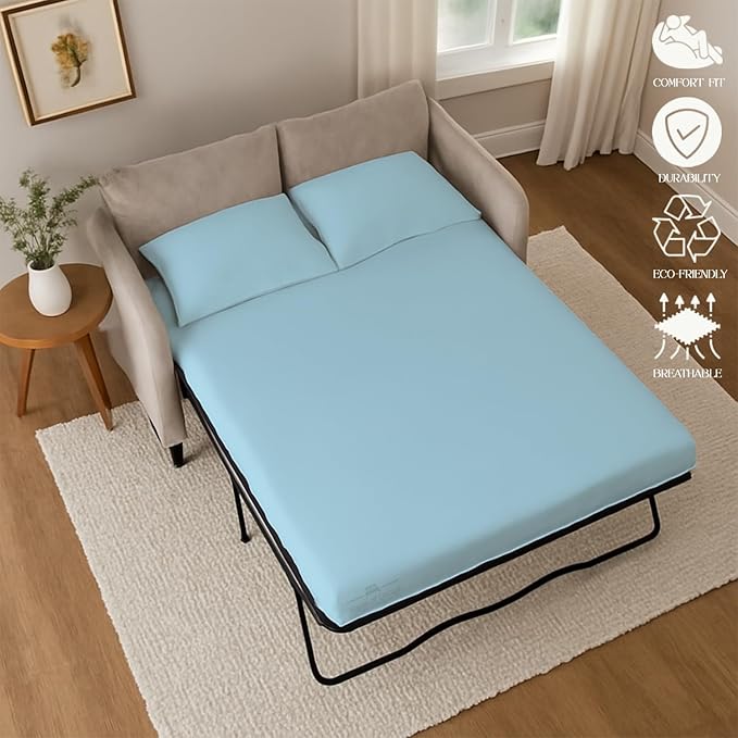 Sleeper Sofa 4 Piece Bed Sheet Set Premium Quality 100% Cotton 500 Thread Count, Smooth & Super Soft Sateen Weave, Extra Soft Bed Sheets, Wrinkle Free, 6 Inch Deep Pocket (Full, Light Blue)