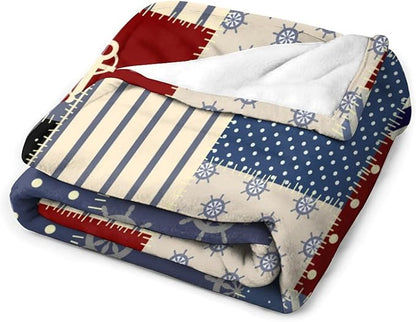 Nautical Blanket Vintage Coastal Rustic Red Blue White Polka Dot Stripe Anchor Patchwork Soft Cozy Lightweight Throw Blanket for Women Men Bedroom Living Room Dorm Chair Sofa Travel 50x60in