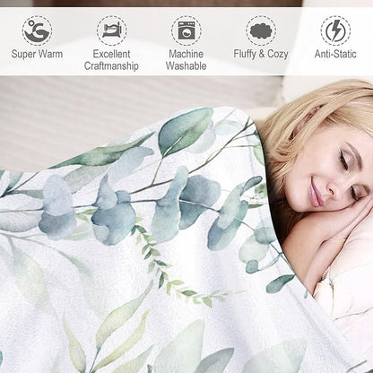 Eucalyptus Leaf Throw Blanket, Watercolor Floral Spring Botanical Green Plants Herb Print Cozy Plush Blanket for Bedroom Living Rooms Sofa Couch, 50"x60"