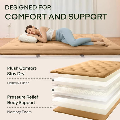 ZonLi Japanese Floor Futon Mattress Queen Size 80"x 60", 100% Cotton Cover 4'' Thicken Tatami Mattress, Foldable Sleeping Pad, Portable Dormitory Tatami Mat, Roll Up Floor Lounger Bed for Adult