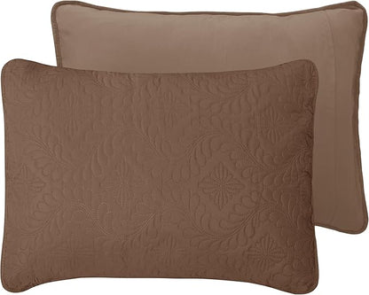 Easy-Going Twin Size Reversible Quilt Set with 1 Quilt and 1 Pillow Sham, Soft Bed Quilt Cover, Water Resistant Lightweight Microfiber Bedspread, Stain Resistant, Olive Leaf-Brown/Beige