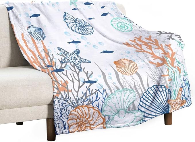 Nautical Coastal Blanket, Starfish Seashell Coral Beach Themed Drapes Ocean Orange Blue Teal Conch Print Throw Blankets for Sofa Couch Bed Room Birthday Decor, 40"x50"