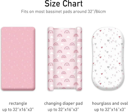 Bassinet Sheets for Baby Girl 32 * 16, 3 Pack Soft Breathable Baby Bassinet Mattress Sheets Fit for Hourglass Oval Cradle, Moses Basket Rectangle Mattress (Rainbow, Pink)