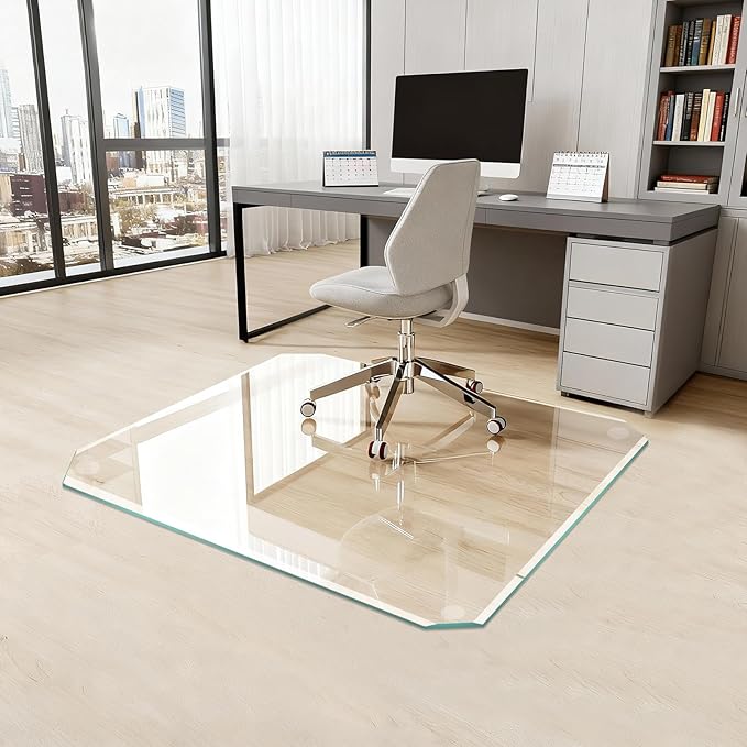 Tempered Glass Chair Mat with Patented Beveled Edge, 36”x46” 1/5" Thick Office Floor Mat for Carpet & Hardwood, w/ 12 Anti-Slip Pads
