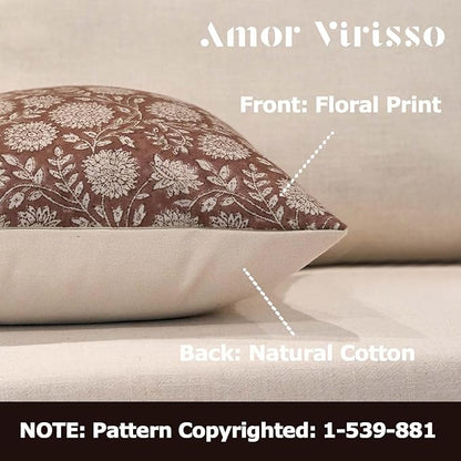 Amor Virisso Floral Pillow Covers 20x20 Throw Pillow Covers Vintage Block Print Pillow Cover Neutral Couch Pillows for Living Room Farmhouse Decorative Accent Sofa Pillows, Brown