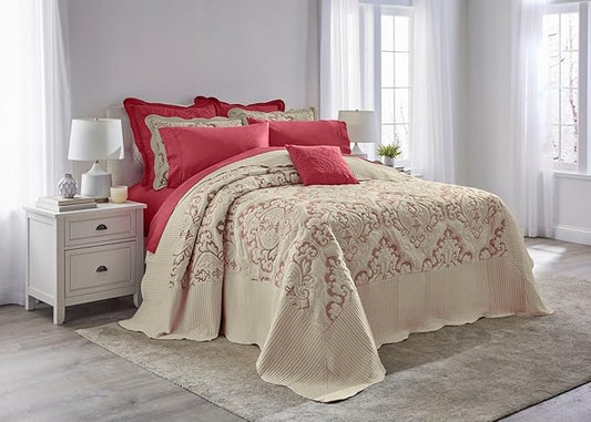 BrylaneHome Bedding Lightweight All Season Modern Amelia Quilted Damask Oversized Ultra Soft Bedspread - King, Ivory Berry