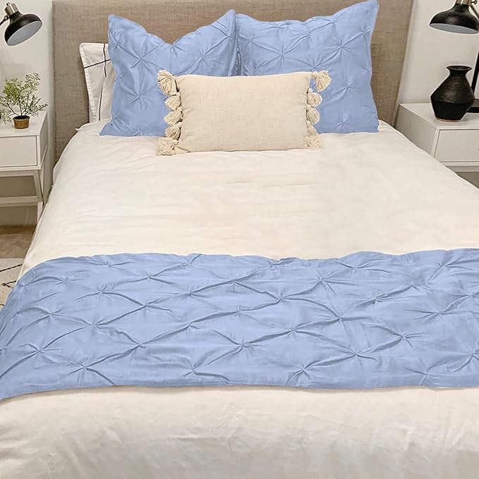 Bed Runner Set - 100% Pure Cotton 800 Thread Count - Luxury 1 Pinch Pleated Bed Runner and 2 Pillow Cover - 3 Piece Pinch Pleated Bed Runner Set Queen, Light Blue